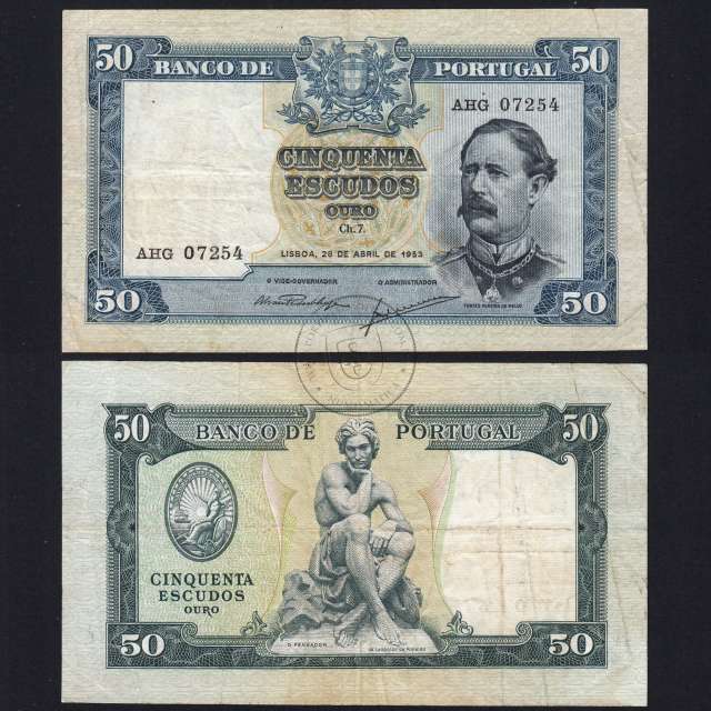 NOTA DE 50 ESCUDOS 1953 ( CIRCULADA ) "50$00 1953 Ch.7 FONTES PEREIRA DE MELLO - BANCO DE PORTUGAL (28/04/1953)