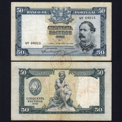 NOTA DE 50 ESCUDOS 1953 ( CIRCULADA ) "50$00 1953 Ch.7 FONTES PEREIRA DE MELLO - BANCO DE PORTUGAL (28/04/1953)