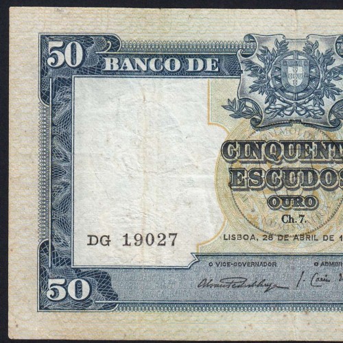 NOTA DE 50 ESCUDOS 1953 ( CIRCULADA ) "50$00 1953 Ch.7 FONTES PEREIRA DE MELLO - BANCO DE PORTUGAL (28/04/1953)