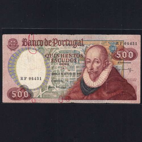 500 Escudos 1979 Francisco Sanches 04/10/1979, 500$00 Quinhentos Escudos 04/10/1979 Chapa:11 Banco de Portugal, (C), Pick 177