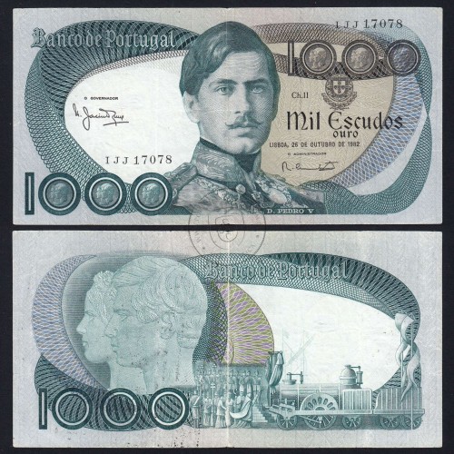 1000 Escudos Banknote 1982 D. Pedro V, 1000$00 26/10/1982 Plate: 11 - Bank of Portugal (Circulated), Pick 175