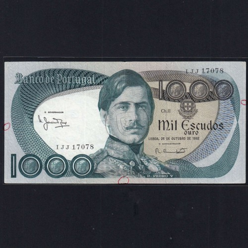 1000 Escudos Banknote 1982 D. Pedro V, 1000$00 26/10/1982 Plate: 11 - Bank of Portugal (Circulated), Pick 175