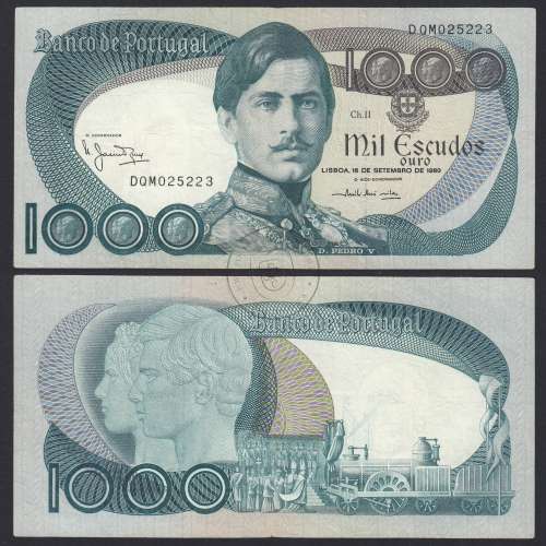 1000 Escudos Banknote 1980 D. Pedro V, 1000$00 16/09/1980 Plate: 11 - Bank of Portugal (Circulated), Pick 175