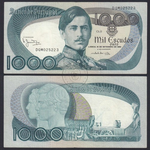 1000 Escudos Banknote 1980 D. Pedro V, 1000$00 16/09/1980 Plate: 11 - Bank of Portugal (Circulated), Pick 175