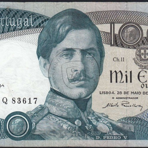 1000 Escudos Banknote 1968 D. Pedro V, 1000$00 28/05/1968 Plate: 11 - Bank of Portugal (Circulated), Pick 175
