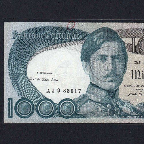 1000 Escudos Banknote 1968 D. Pedro V, 1000$00 28/05/1968 Plate: 11 - Bank of Portugal (Circulated), Pick 175