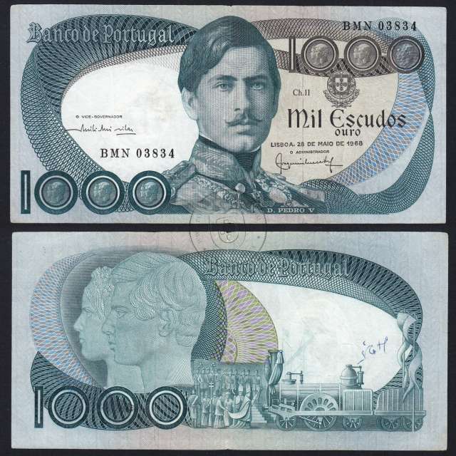 1000 Escudos Banknote 1968 D. Pedro V, 1000$00 28/05/1968 Plate: 11 - Bank of Portugal (Circulated), Pick 175