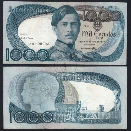 1000 Escudos Banknote 1968 D. Pedro V, 1000$00 28/05/1968 Plate: 11 - Bank of Portugal (Circulated), Pick 175