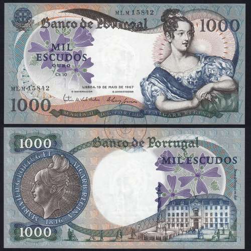 1000 Escudos Banknote 1967 D. Maria II, 1000$00 19/05/1967 Plate: 10 - Bank of Portugal (Little Circulated), Pick 172