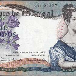 1000 Escudos Banknote 1967 D. Maria II, 1000$00 19/05/1967 Plate: 10 - Bank of Portugal (Circulated), Pick 172