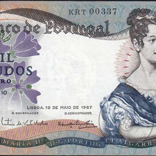 1000 Escudos Banknote 1967 D. Maria II, 1000$00 19/05/1967 Plate: 10 - Bank of Portugal (Circulated), Pick 172