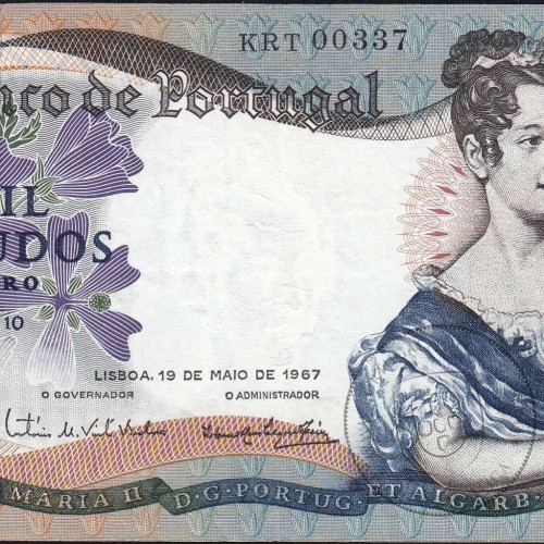 1000 Escudos Banknote 1967 D. Maria II, 1000$00 19/05/1967 Plate: 10 - Bank of Portugal (Circulated), Pick 172