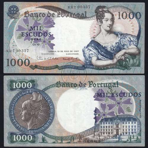 1000 Escudos Banknote 1967 D. Maria II, 1000$00 19/05/1967 Plate: 10 - Bank of Portugal (Circulated), Pick 172