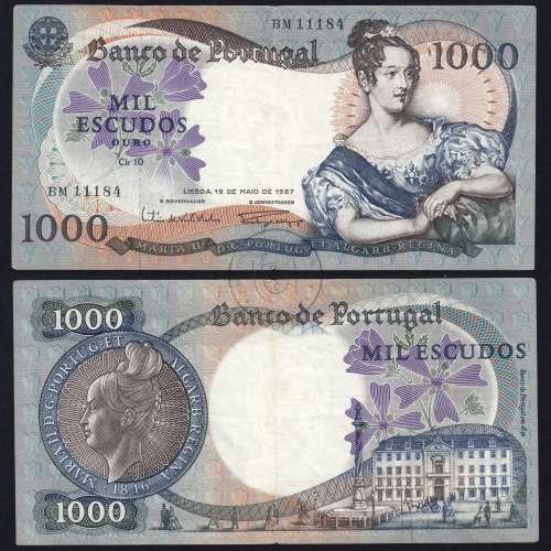 1000 Escudos Banknote 1967 D. Maria II, 1000$00 19/05/1967 Plate: 10 - Bank of Portugal (Circulated), Pick 172