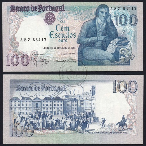100 Escudos 1981 Bocage 24/02/1981, 100$00 One Hundred Escudos 24/02/1981 Plate: 8 Bank of Portugal, (C), Pick 178b