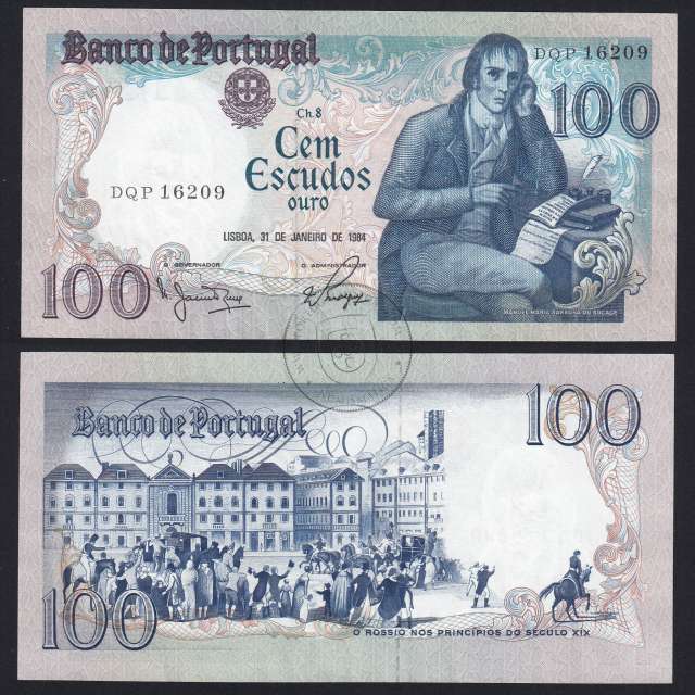 100 Escudos 1984 Bocage 31/01/1984, 100$00 One Hundred Escudos 31/01/1984 Plate: 8 Bank of Portugal, (C), Pick 178c