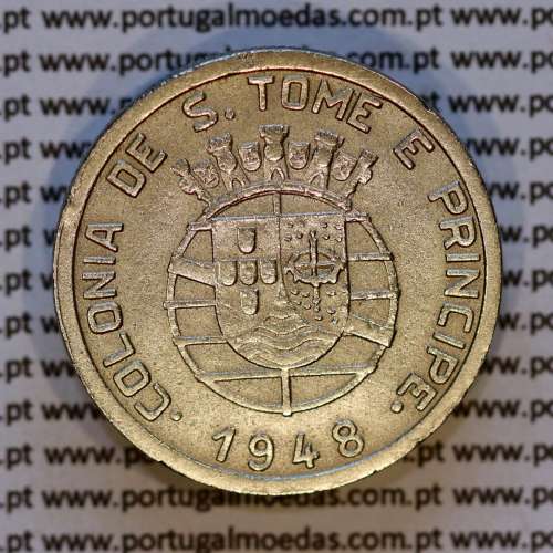 São Tomé and Príncipe, Nickel brass coin of 1 Escudo 1948, former Portuguese colony, (VF+), WorldCoins Saint Thomas & Prince KM9