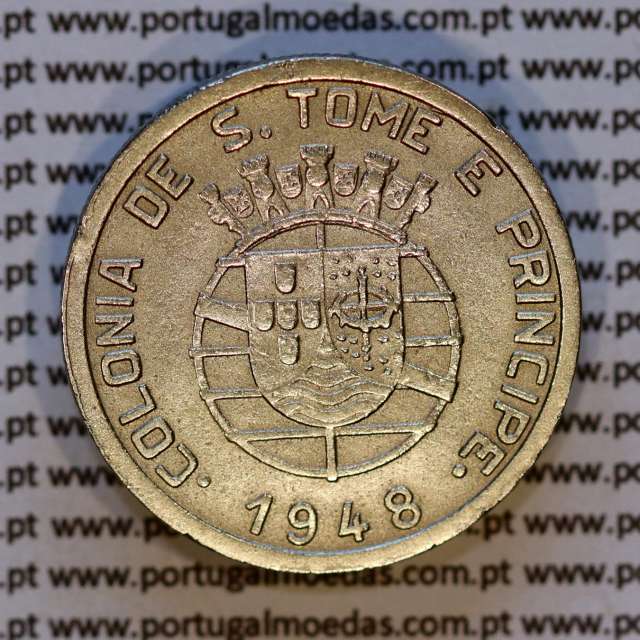 1 Escudo 1948 alpaca de São Tomé e Príncipe, 1$00 alpaca 1948 S. Tomé e Príncipe, (MBC+), World Coins Saint Thomas e Prince KM 9