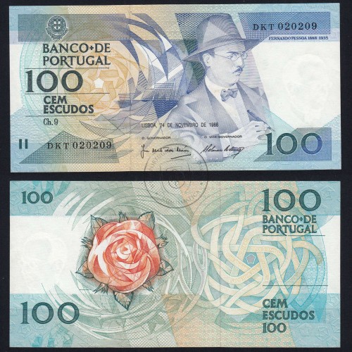 100 Escudos Fernando Pessoa 24.11.1988, One Hundred Escudos 24 november 1988 Plate 9 - Bank of Portugal, (PC), Pick 179f