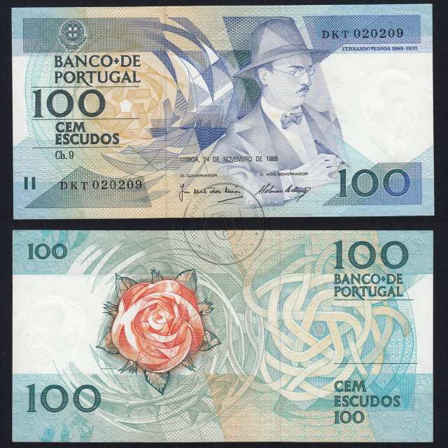 100 Escudos Fernando Pessoa 24.11.1988, One Hundred Escudos 24 november 1988 Plate 9 - Bank of Portugal, (PC), Pick 179f