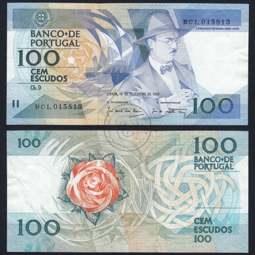 100 Escudos Fernando Pessoa 12.02.1987, One Hundred Escudos 12 february 1987 Plate 9 - Bank of Portugal, (C), Pick 179b