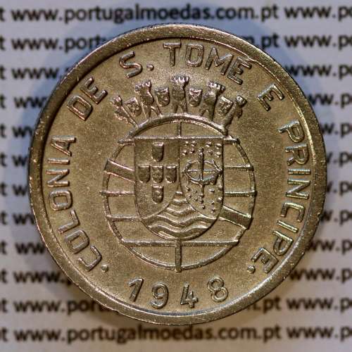 1 Escudo 1948 alpaca de São Tomé e Príncipe, 1$00 alpaca 1948 S. Tomé e Príncipe, (MBC+), World Coins Saint Thomas e Prince KM 9