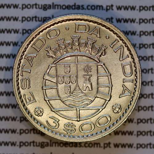 India, 3 Escudos 1959 nickel brass, 3$00 Escudos 1959 State of Portuguese India, (AU), World Coins India Portuguese KM 34