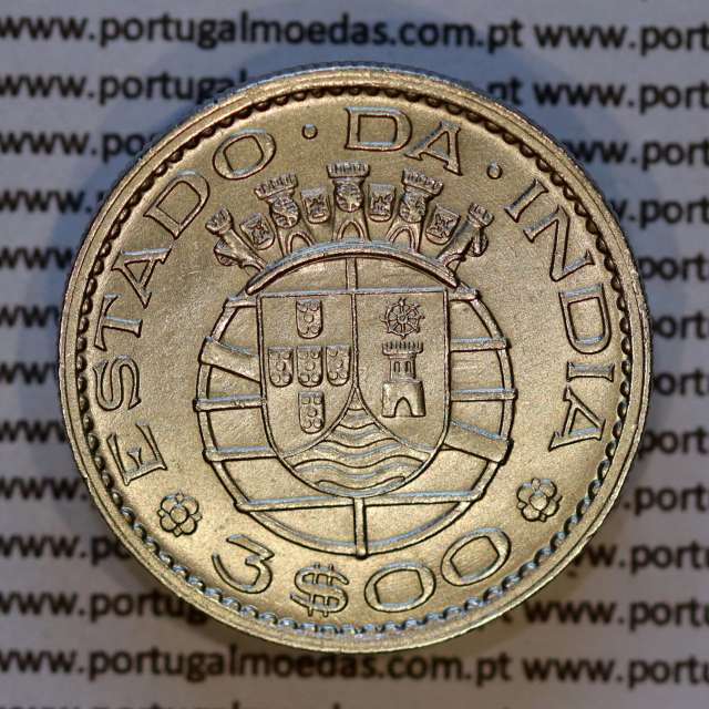 India, 3 Escudos 1959 nickel brass, 3$00 Escudos 1959 State of Portuguese India, (AU), World Coins India Portuguese KM 34