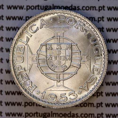 Cape Verde, Silver coin of 10 escudos 1953 of Former portuguese Colony Cape verde, (UNC), World Coins Cape Verde KM10g