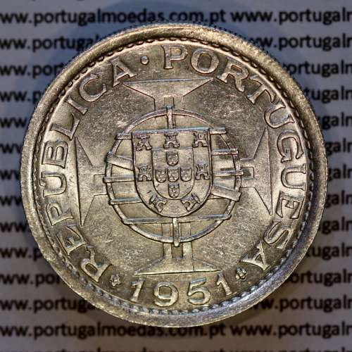 São Tomé e Príncipe 10$00 prata 1951, 10 Escudos Prata 1951, (Bela/Soberba), World Coins - Saint Thomas & Prince Island KM 14
