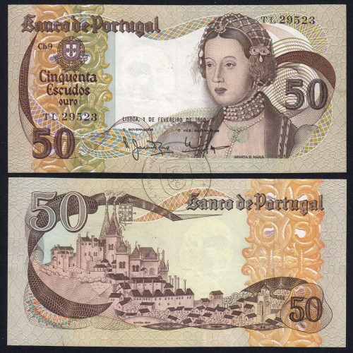 50 Escudos Banknote 1980 Infanta D. Maria, 50$00 01/02/1980 Plate: 9 - Bank of Portugal (Circulated), Pick 174