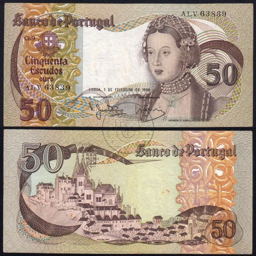 50 Escudos Banknote 1980 Infanta D. Maria, 50$00 01/02/1980 Plate: 9 - Bank of Portugal (Circulated), Pick 174