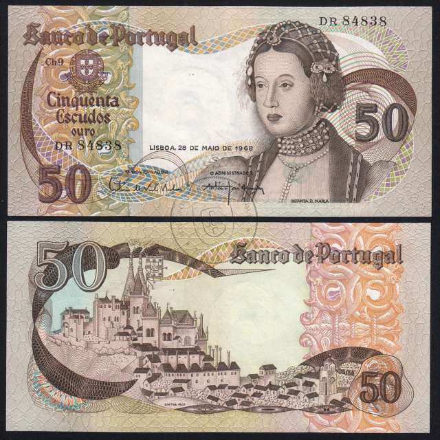 50 Escudos Banknote 1968 Infanta D. Maria, 50$00 28/05/1968 Plate: 9 - Bank of Portugal (Lightly Circulated), Pick 174