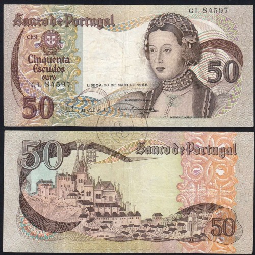 50 Escudos Banknote 1968 Infanta D. Maria, 50$00 28/05/1968 Plate: 9 - Bank of Portugal (Circulated), Pick 174