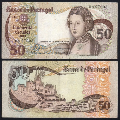 50 Escudos Banknote 1968 Infanta D. Maria, 50$00 28/05/1968 Plate: 9 - Bank of Portugal (Circulated), Pick 174