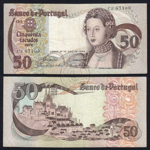 50 Escudos Banknote 1968 Infanta D. Maria, 50$00 28/05/1968 Plate: 9 - Bank of Portugal (Circulated), Pick 174