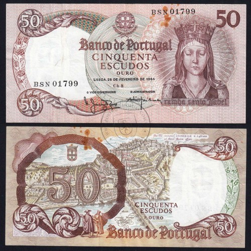 Nota de 50 Escudos 1964 Rainha Santa Isabel, 50$00 28/02/1964 Chapa: 8 - Banco de Portugal (Circulada), Pick 168