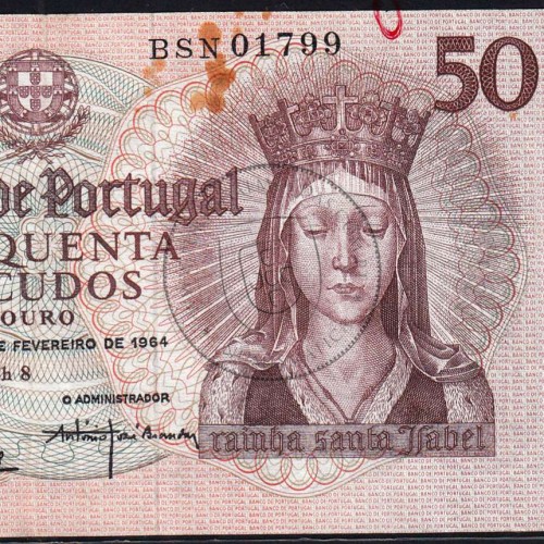 50 Escudos Banknote 1964 Queen Santa Isabel, 50$00 28/02/1964 Plate: 8 - Bank of Portugal (Circulated), Pick 168