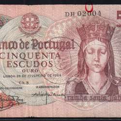 50 Escudos Banknote 1964 Queen Santa Isabel, 50$00 28/02/1964 Plate: 8 - Bank of Portugal (Circulated), Pick 168