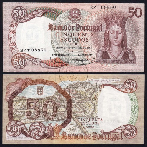 Nota de 50 Escudos 1964 Rainha Santa Isabel, 50$00 28/02/1964 Chapa: 8 - Banco de Portugal (Pouco Circulada), Pick 168