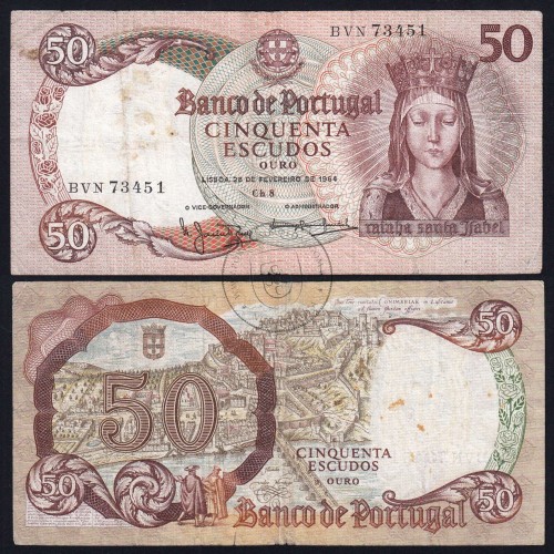 50 Escudos Banknote 1964 Queen Santa Isabel, 50$00 28/02/1964 Plate: 8 - Bank of Portugal (Circulated), Pick 168