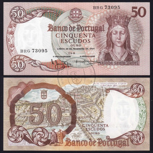 50 Escudos Banknote 1964 Queen Santa Isabel, 50$00 28/02/1964 Plate: 8 - Bank of Portugal (Lightly Circulated), Pick 168