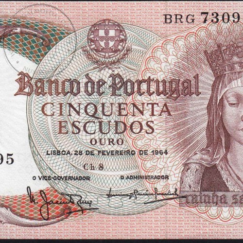 Nota de 50 Escudos 1964 Rainha Santa Isabel, 50$00 28/02/1964 Chapa: 8 - Banco de Portugal (Pouco Circulada), Pick 168
