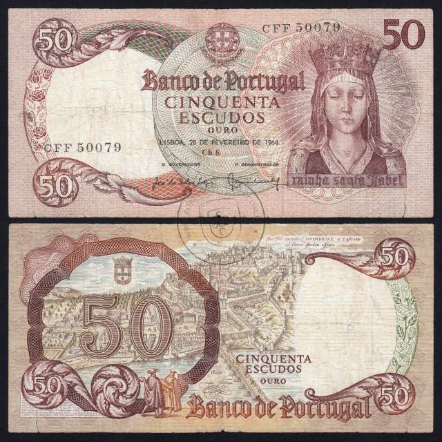 50 Escudos Banknote 1964 Queen Santa Isabel, 50$00 28/02/1964 Plate: 8 - Bank of Portugal (Circulated), Pick 168