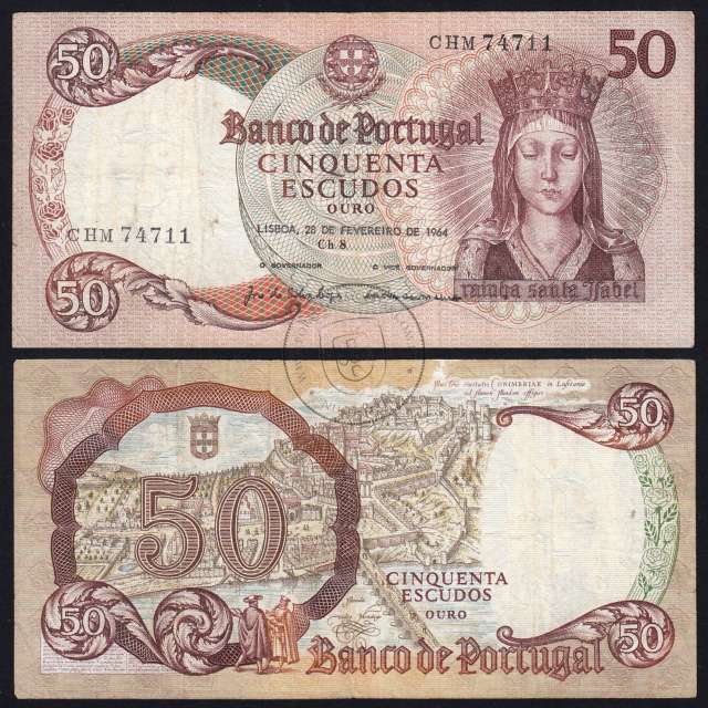 50 Escudos Banknote 1964 Queen Santa Isabel, 50$00 28/02/1964 Plate: 8 - Bank of Portugal (Circulated), Pick 168