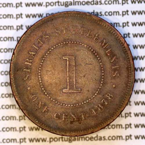 Straits Settlements, 1 cent cobre 1878, data mais rara da série, (MBC), World Coins Straits Settlements KM 9