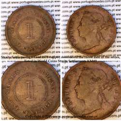 Straits Settlements, 1 Cent 1878 copper, considered the rarest date of the series, listed in World Coins Straits Settlements KM9