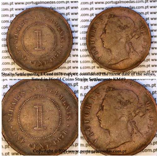 Straits Settlements, 1 cent cobre 1878, data mais rara da série, (MBC), World Coins Straits Settlements KM 9