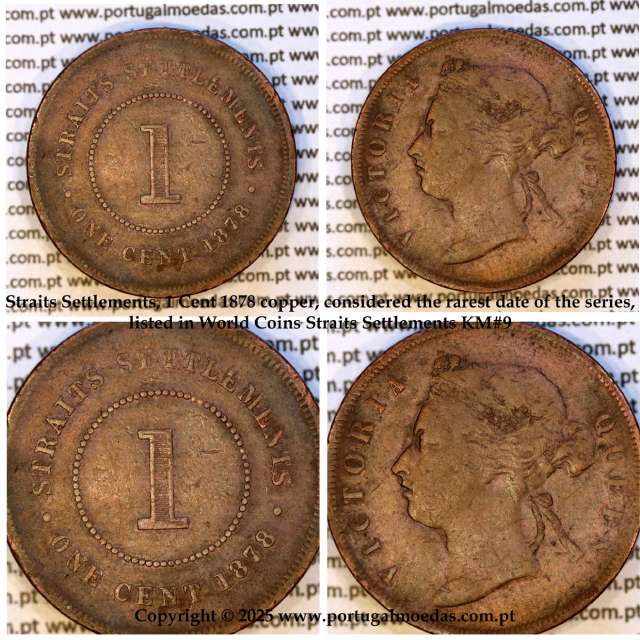 Straits Settlements, 1 cent cobre 1878, data mais rara da série, (MBC), World Coins Straits Settlements KM 9
