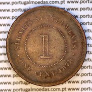 Straits Settlements, 1 cent cobre 1878, data mais rara da série, (MBC), World Coins Straits Settlements KM 9